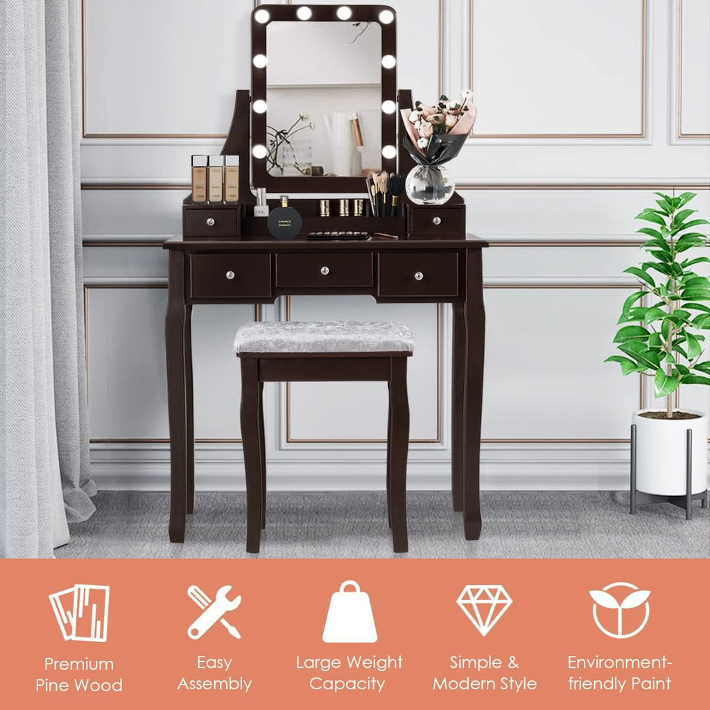 COSTWAY Vanity Desk Set with Lighted Mirror, 360° Swivel Vanity Mirror Desk w/ 10 LED Bulbs, Makeup Dressing Table with 5 Drawers, Vanity Table with Cushioned Stool for Bedroom, Women, Girls (Coffee)