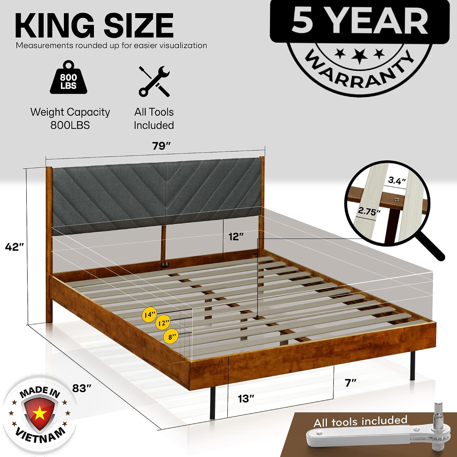 Acacia Bedroom Set - 3 Pieces Astoria Modern Platform Bed Frame with Upholstered Headboard and 2 Sofia Nightstands Set, Solid Wood Finish, King Size Beds with Nightstand with Drawer, Caramel