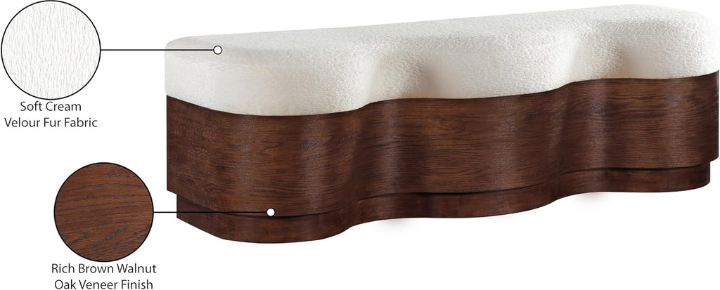 Meridian Furniture 22082Cream Savoy Collection Art Deco Bench with Soft Cream Velour Fur Fabric, Rich Brown Walnut Finish, Mix of Solid Wood & MDF, 60' W x 18.5' D x 18.5' H, Cream