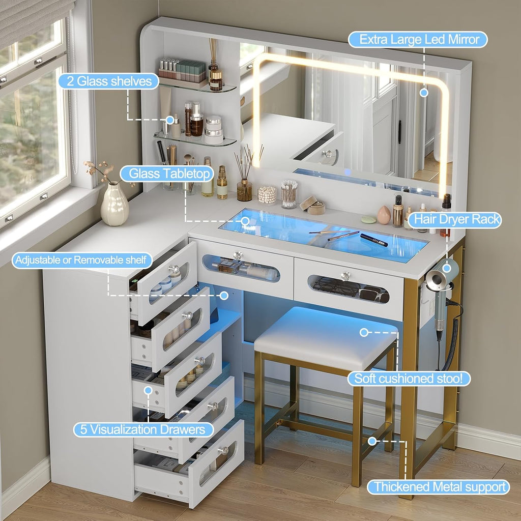 48' L-Shaped Corner Vanity Desk with LED Lighted Mirror - 3 Adjustable Lighting Modes, Featuring 5 Tempered Glass Drawers & Open Storage Shelves for Stylish Dressing Table (White)