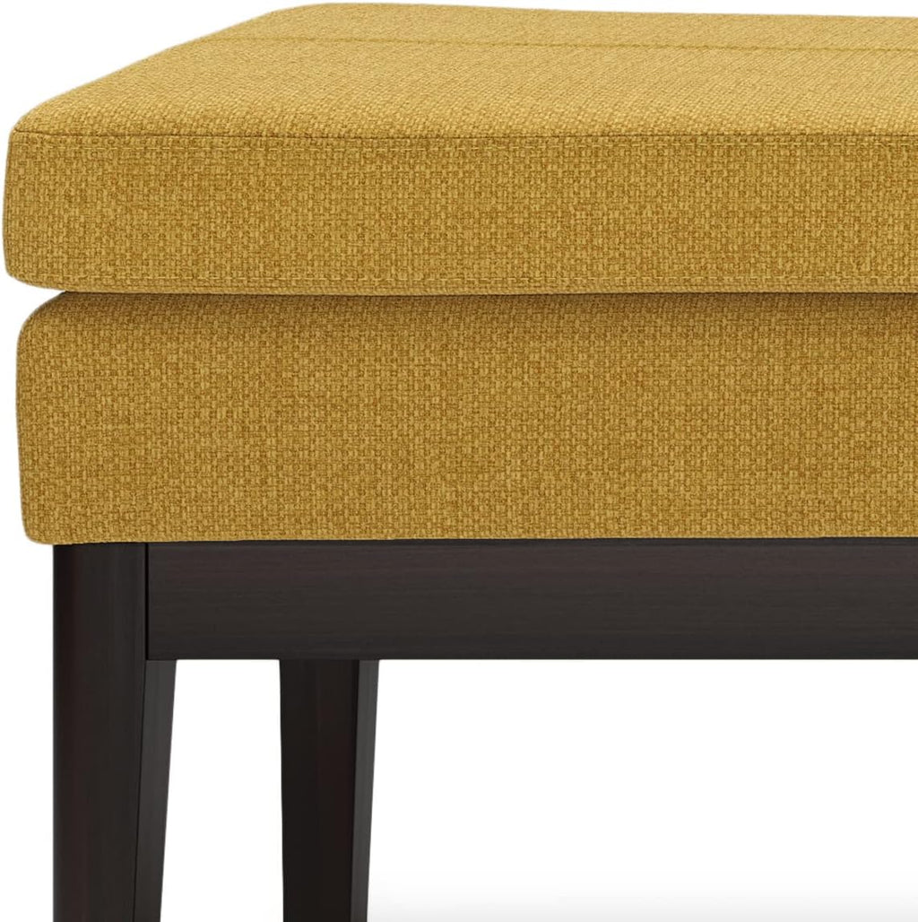 SIMPLIHOME Carlson Ottoman Bench - 45 inch Wide Upholstered Vegan Leather Rectangle Ottoman in Marigold, Mid Century Modern Bench for Bedroom, Entryway or Living Room with Padded Seat