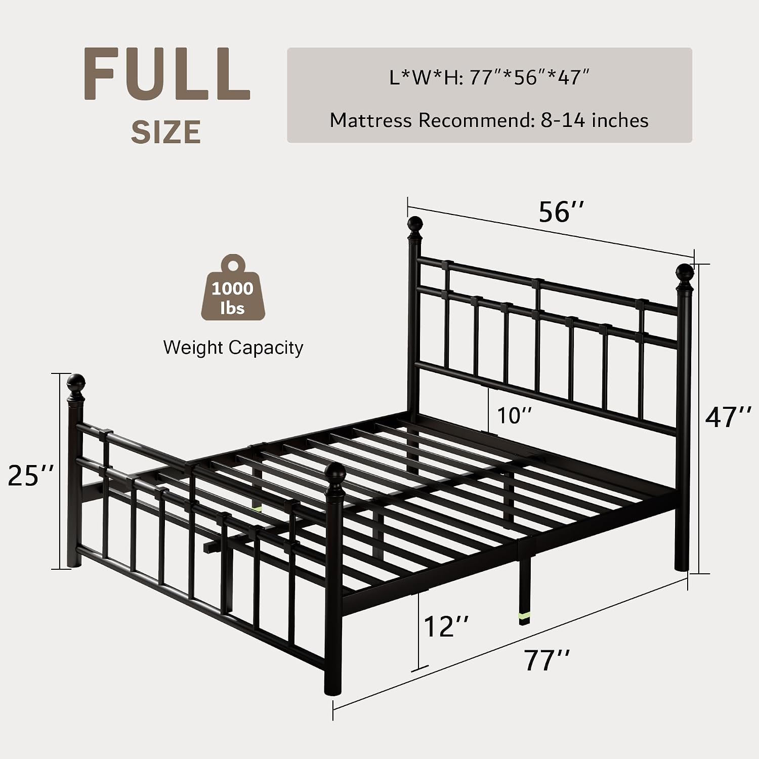 Einhomn Full Size Metal Platform Bed Frame with Victorian Iron-Art Tall Headboard and Footboard, Mattress Foundation for Under Bed Storage/Heavy Duty Steel Slat Supported, No Box Spring Needed, Black