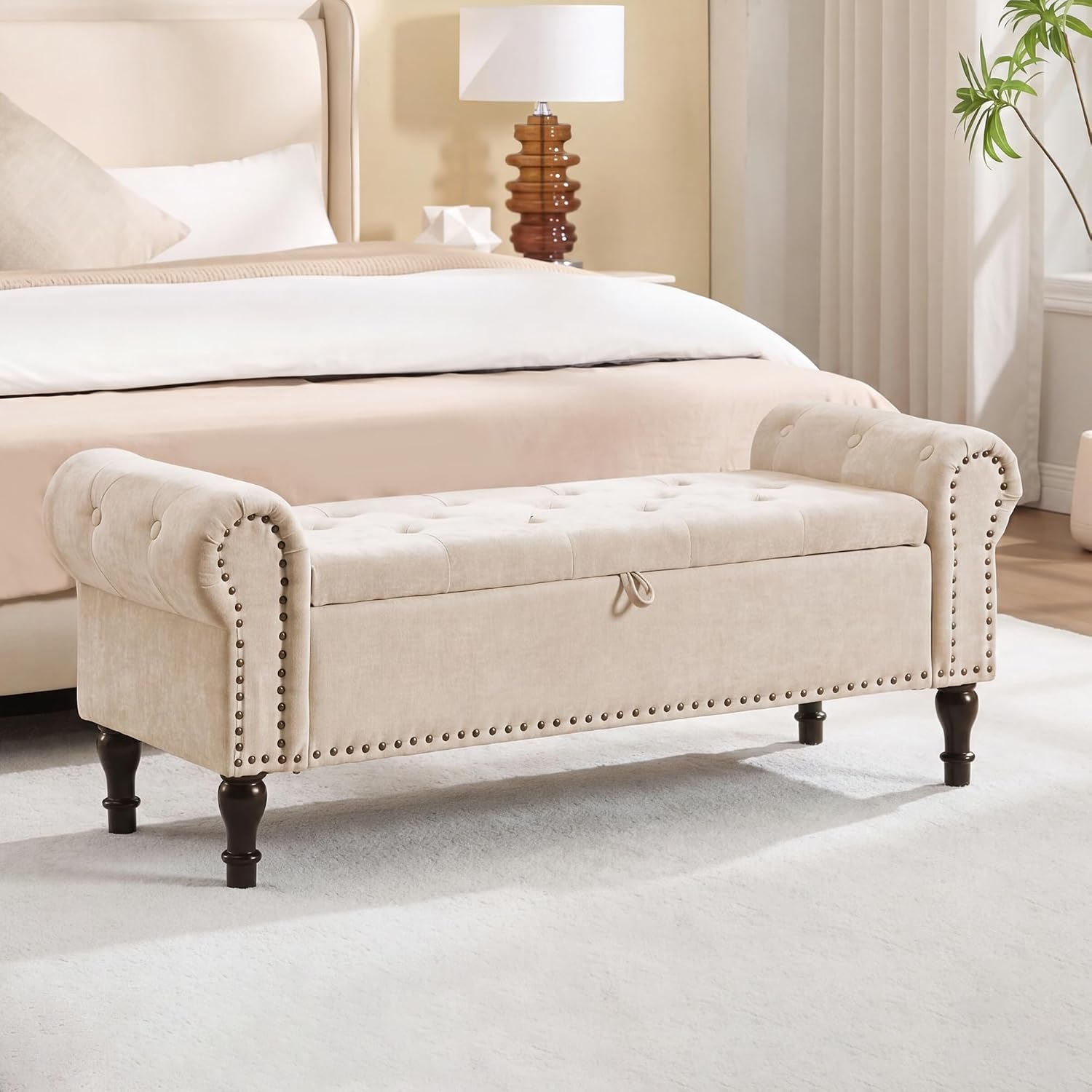 51' Storage Bench for Bedroom, Chenille End of Bed Bench, Queen Size Bench with Rolled Arms, Tufted Storage Ottoman Benches, Upholstered Bench for Bedroom, Living Room, Entryway, Camel