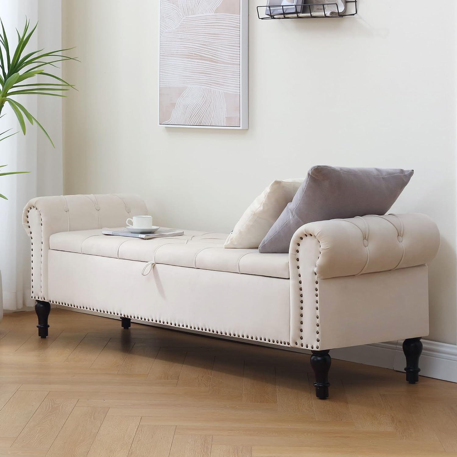 Storage Bed Bench for Bedroom, Velvet 67' End of Bed Benches, King Size Bench with Armrest, Tufted Button Upholstered Ottoman Bench for Living Room, Entryway, Cream Beige