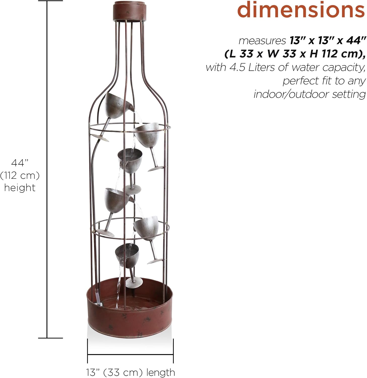 Alpine Corporation IPS210 Outdoor Floor Rustic Eclectic Bottle Shaped Water Fountain with Tiered Wine Glasses, 44', Brown
