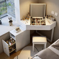 Walnut Modern Corner Vanity Desk with Mirror, 3 Drawers, Wood Makeup Vanity, Large Vanity Table, Storage Bench, 70 x 70 x 75CM,White