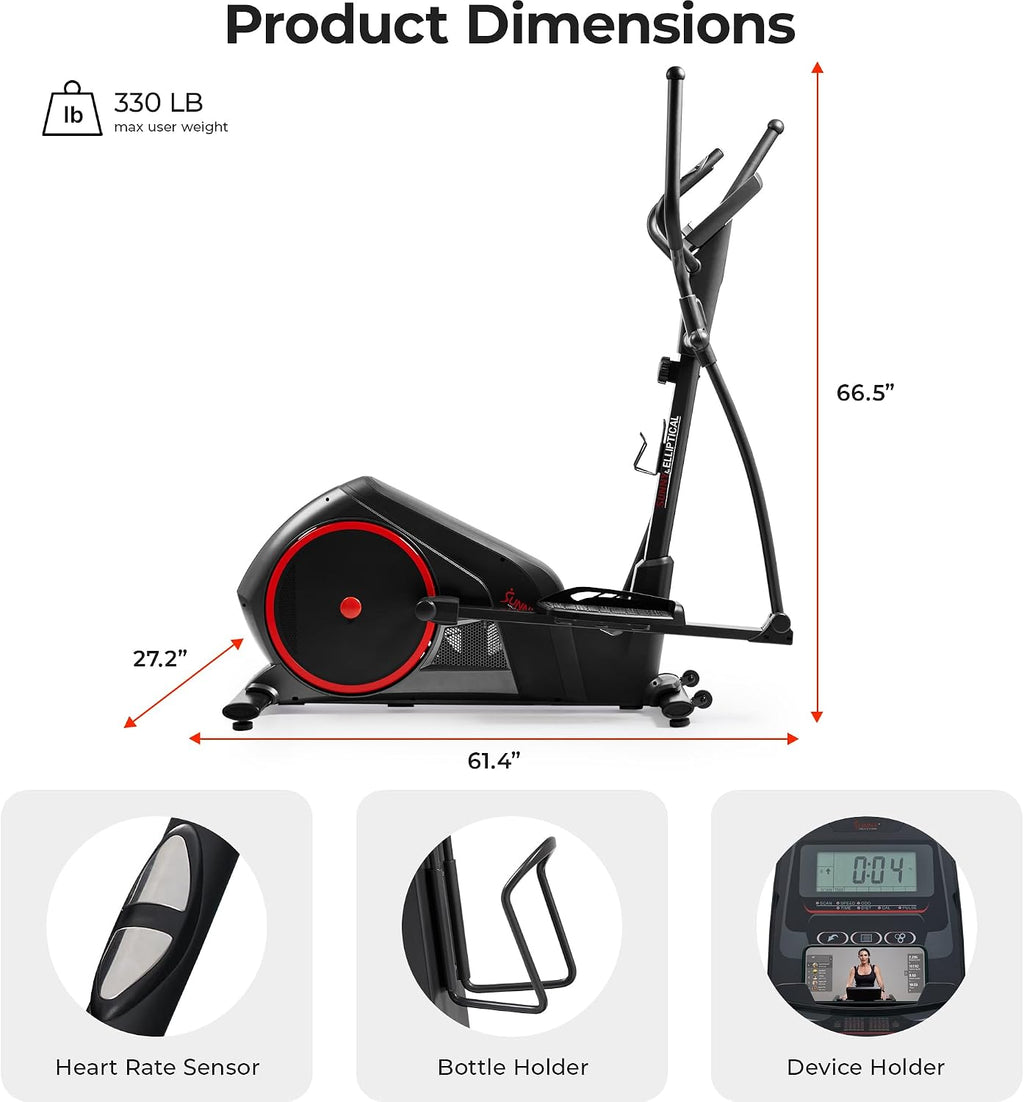 Sunny Health & Fitness Elliptical Machine with Extended Stride, Ultra Quiet 300 lbs Capacity Cross Training Cardio Fully Body Exercise for Home, Sunny Fit App Access, Optional 12' or 16' Stride Length