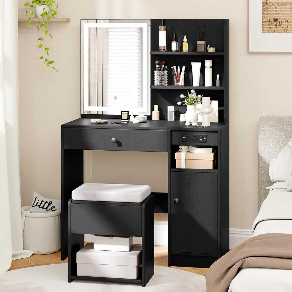 GOFLAME Makeup Vanity Set with Mirror and Lights, Vanity Desk with Charging Station, Storage Stool, 3-Color Lights, Drawer, Cabinet, Adjustable Shelf, Modern Dressing Table and Chair Set (Black)