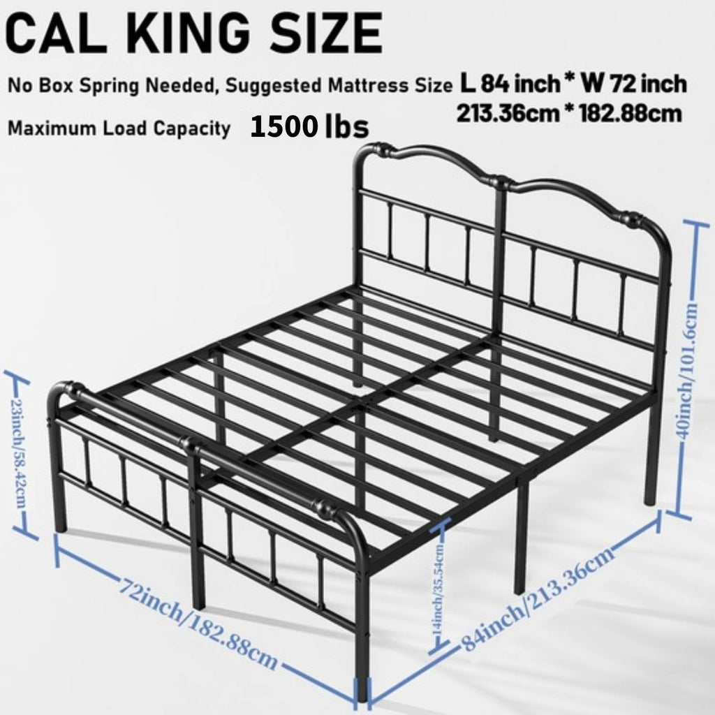 ZIYOO Vinatge California King Size Metal Bed Frame with Metal Headboard and Footboard Cal-King Bed Frame 14 Inch High Under Bed Storage, No Box Spring Needed, Noise Free