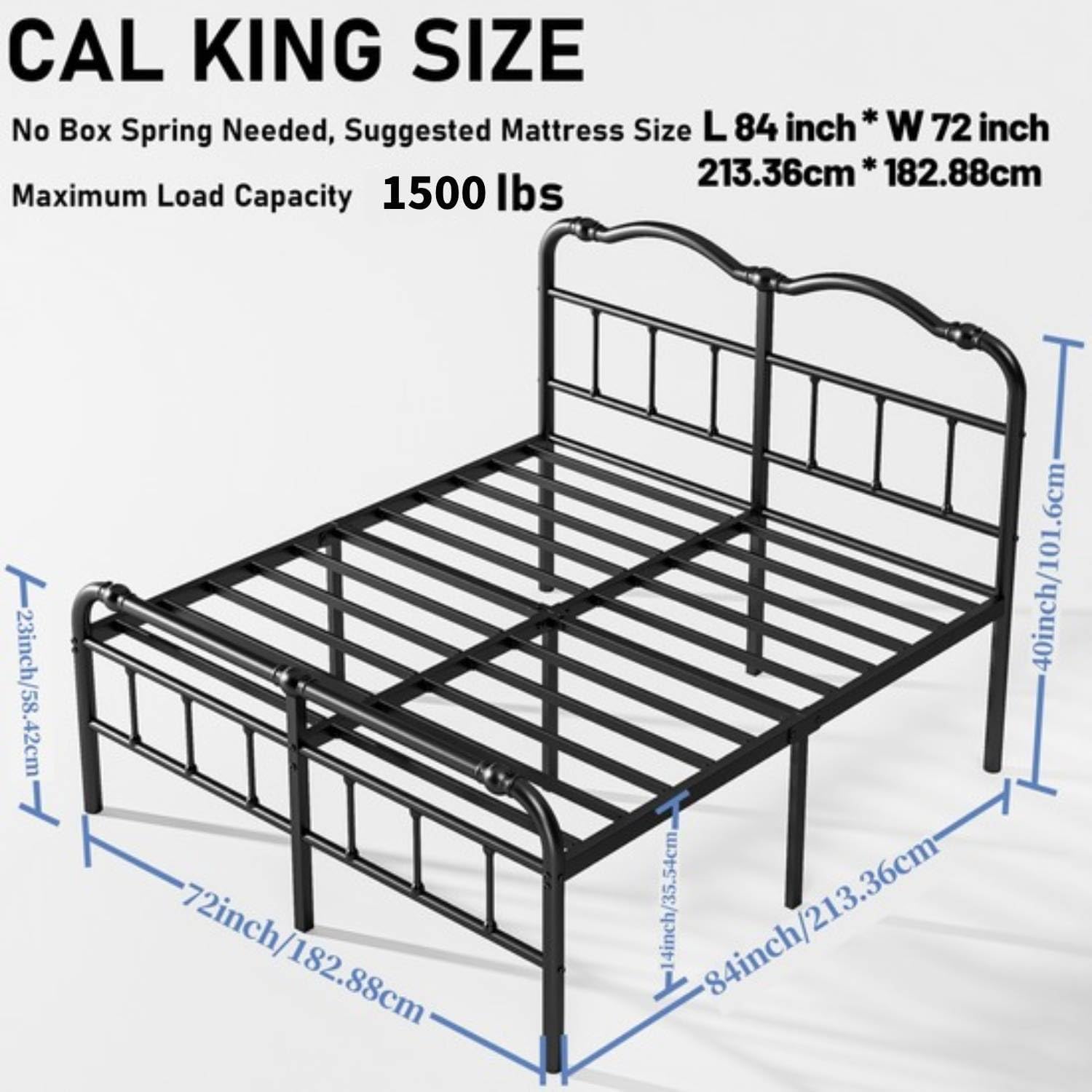 ZIYOO Vinatge California King Size Metal Bed Frame with Metal Headboard and Footboard Cal-King Bed Frame 14 Inch High Under Bed Storage, No Box Spring Needed, Noise Free