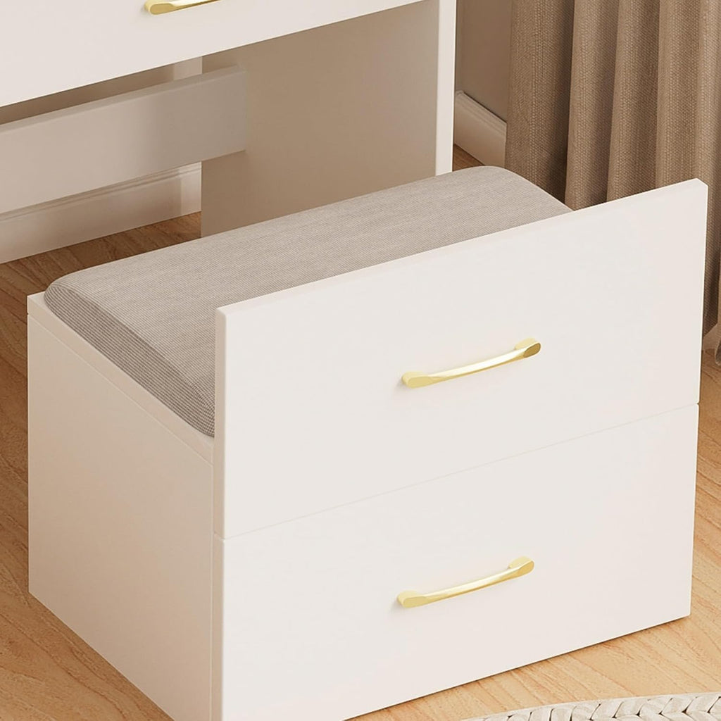 KEIKI 3 in 1 Make Up Vanity Desk with Open Top Mirror, Nesting Stool, Visible Glass Desktop & 3 Storage Drawers, 3 Lighting Color, Makeup Dresser Table or Nightstand for Bedroom, Dressing Room