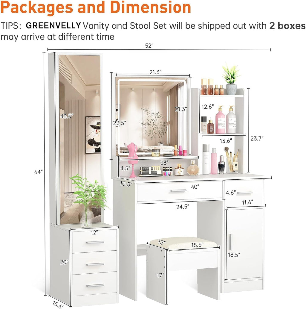 Greenvelly Makeup Vanity with Lights and 2 Mirror, White Vanity Table with 3 Lighting Modes and Stool Set, Large Dressing Table with Drawers, Vanity Desk for Women and Girl