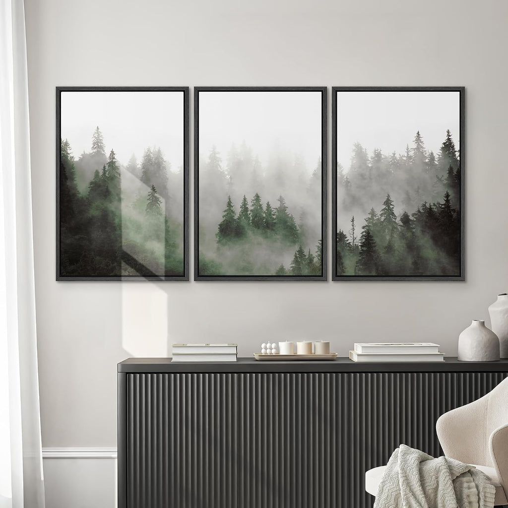 SIGNWIN Framed Canvas Print Wall Art Woodland Nursery Decor Set Fog & Mist Over Green Pine Tree Forest Nature Wilderness Modern Art Chic Landscape for Living Room, Bedroom, Office - 24'x36'x3 Black