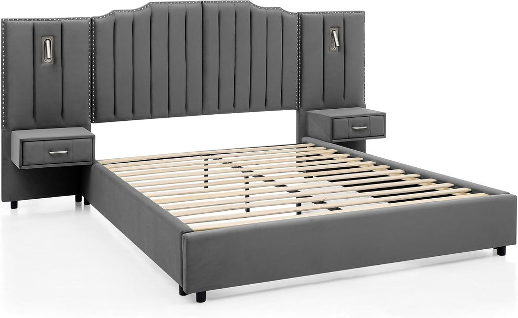 Velvet Upholstered Queen Size Platform Bed Frame with 48' Tall Headboard, Built-in Nightstands & Storage Drawers, No Box Spring Needed, Modern Gray Bedroom Furniture Set (Gray, Queen)