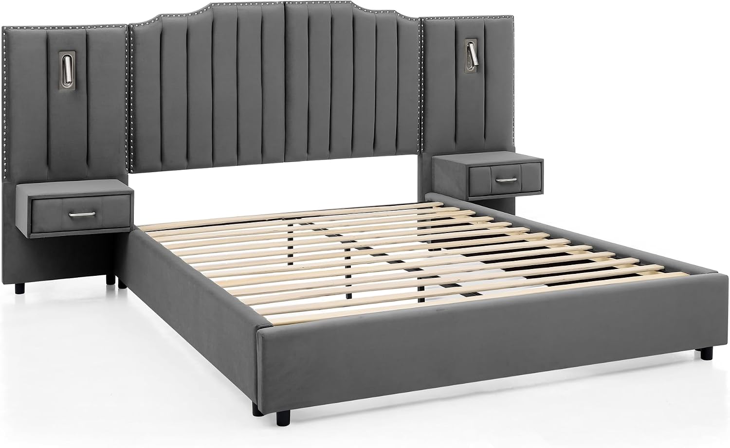 Velvet Upholstered Queen Size Platform Bed Frame with 48' Tall Headboard, Built-in Nightstands & Storage Drawers, No Box Spring Needed, Modern Gray Bedroom Furniture Set (Gray, Queen)