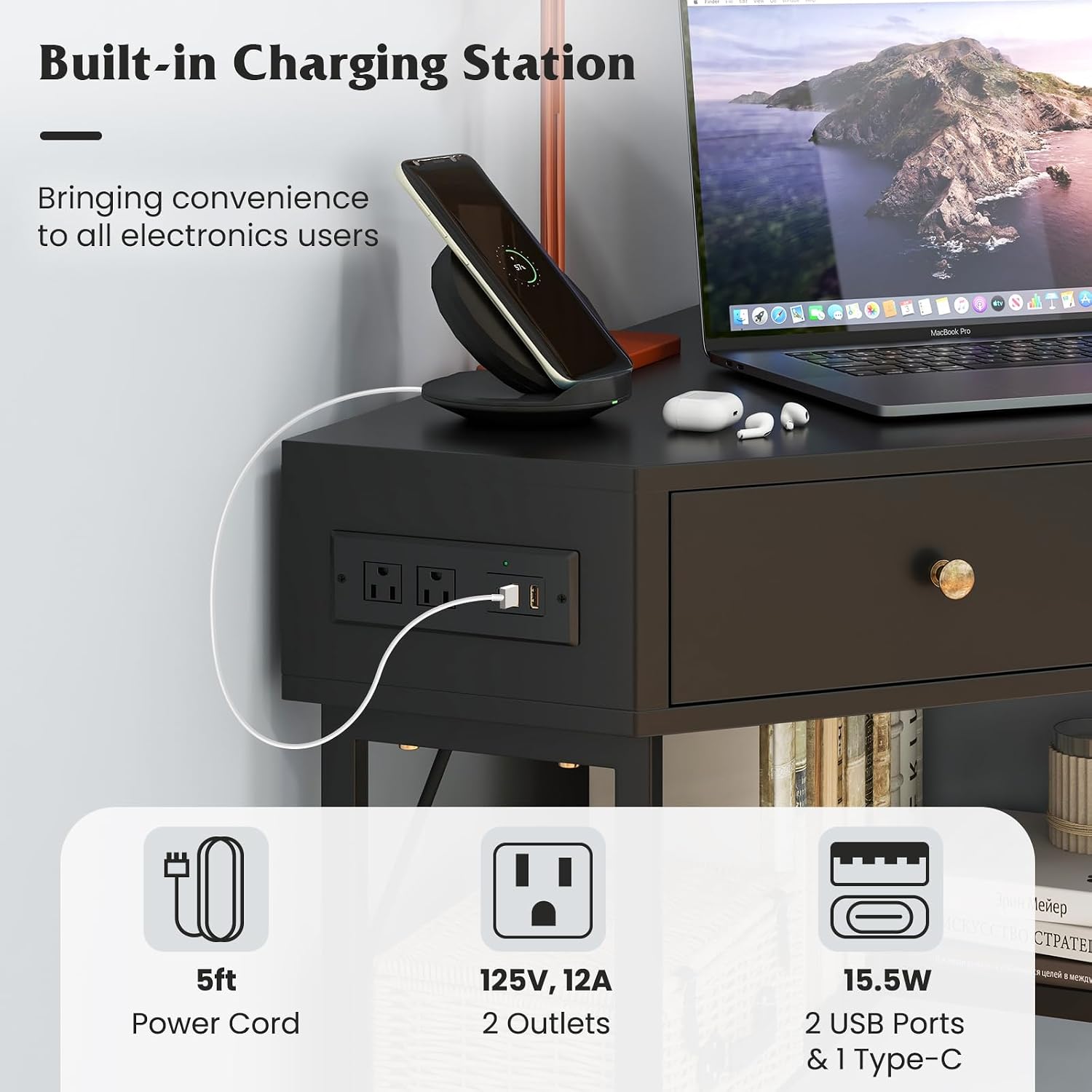 Corner Desk with Charging Station, 90° Triangle Desk w/ 2 Drawers, Storage Shelves, Corner Vanity Table for Bedroom, Compact Computer Desk for Small Space