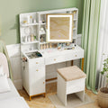 CHARMAID Vanity Desk with Mirror and Lights, White Makeup Vanity Table with Transparent Glass Tabletop, Mirrored Cabinet Door, Charging Station, Drawers, Shelves, Bedroom Dressing Table with Stool