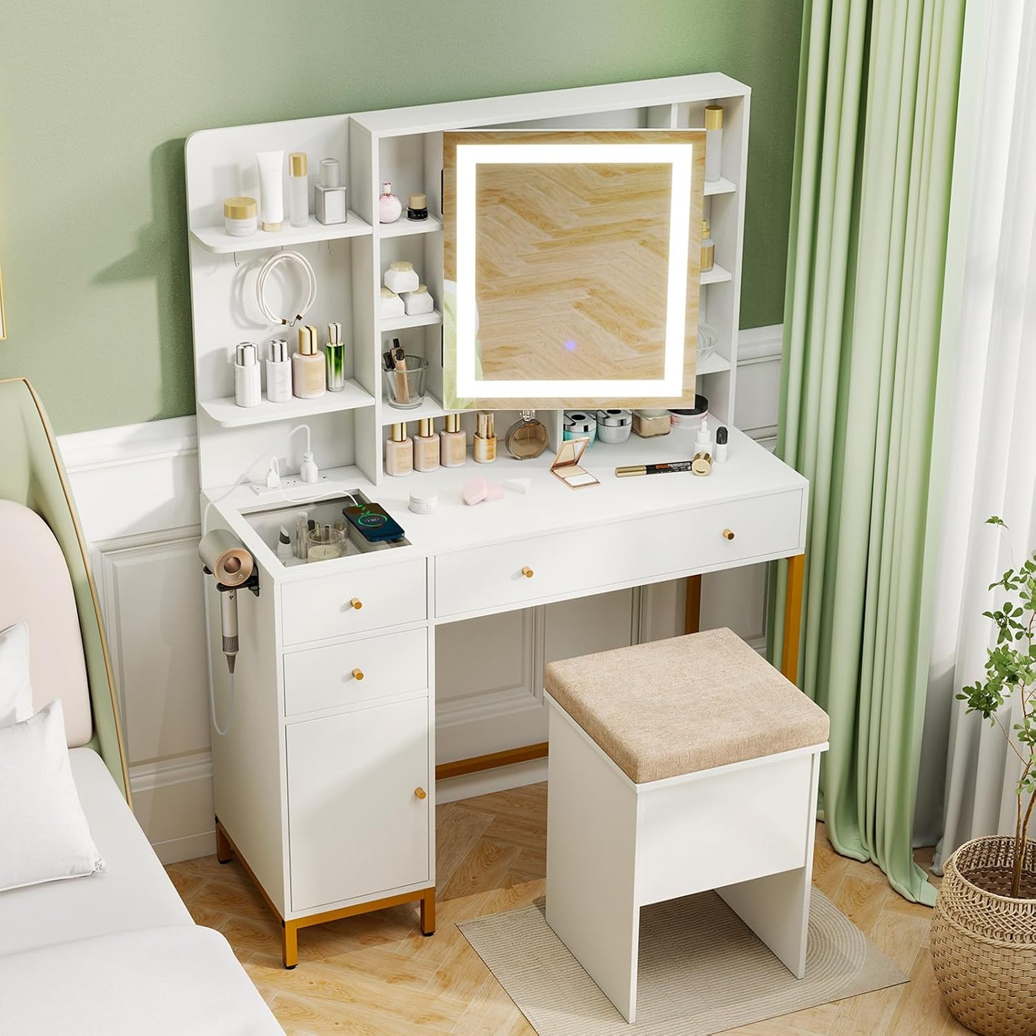 CHARMAID Vanity Desk with Mirror and Lights, White Makeup Vanity Table with Transparent Glass Tabletop, Mirrored Cabinet Door, Charging Station, Drawers, Shelves, Bedroom Dressing Table with Stool