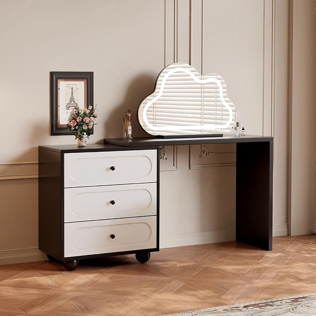 Vanity Desk Table with 3 Color Lighted Cloud-Shaped Smart Makeup Mirror, Corner Dresser Wide Tabletop with Retractable Design, Drawers Chest Installed Left or Right(Walnut,W/CHR,23.6in)