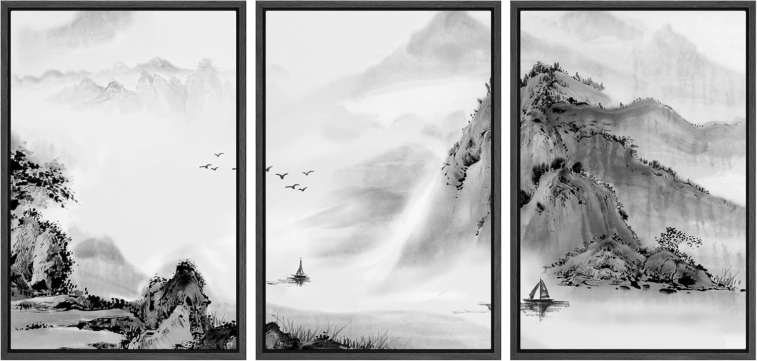 wall26 Framed Canvas Print Wall Art Set Black & White Chinese Ink Rainforest Nature Wilderness Illustrations Modern Art Cultural Scenic Relax/Calm for Living Room, Bedroom, Office - 24'x36'x3 Black