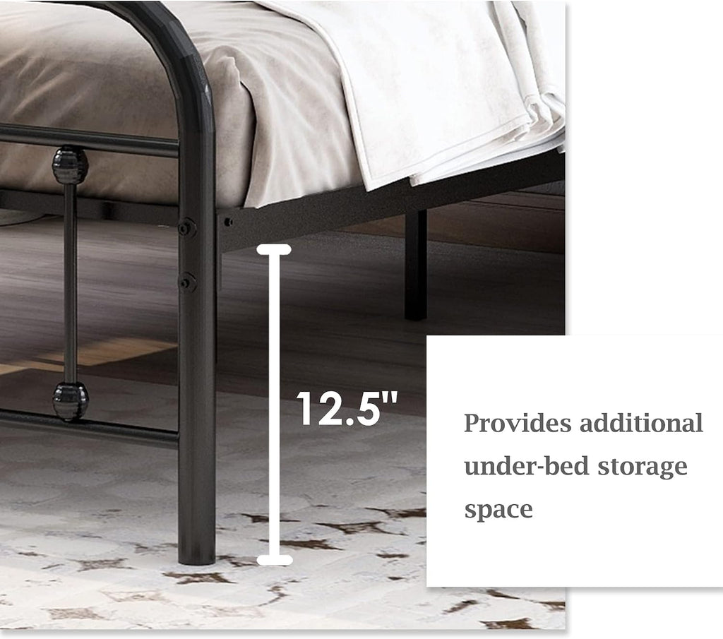 alazyhome King Size Bed Frame Classic Metal Platform Mattress Foundation with Victorian Style Iron-Art Headboard Under Bed Storage No Box Spring Needed Black