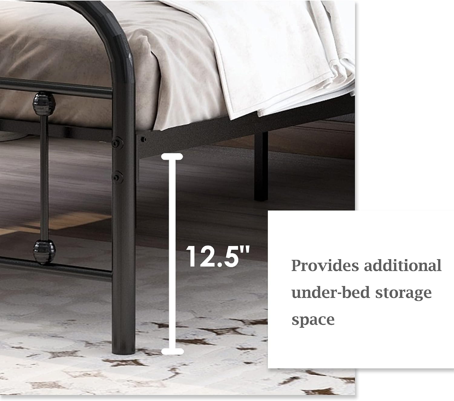 alazyhome King Size Bed Frame Classic Metal Platform Mattress Foundation with Victorian Style Iron-Art Headboard Under Bed Storage No Box Spring Needed Black