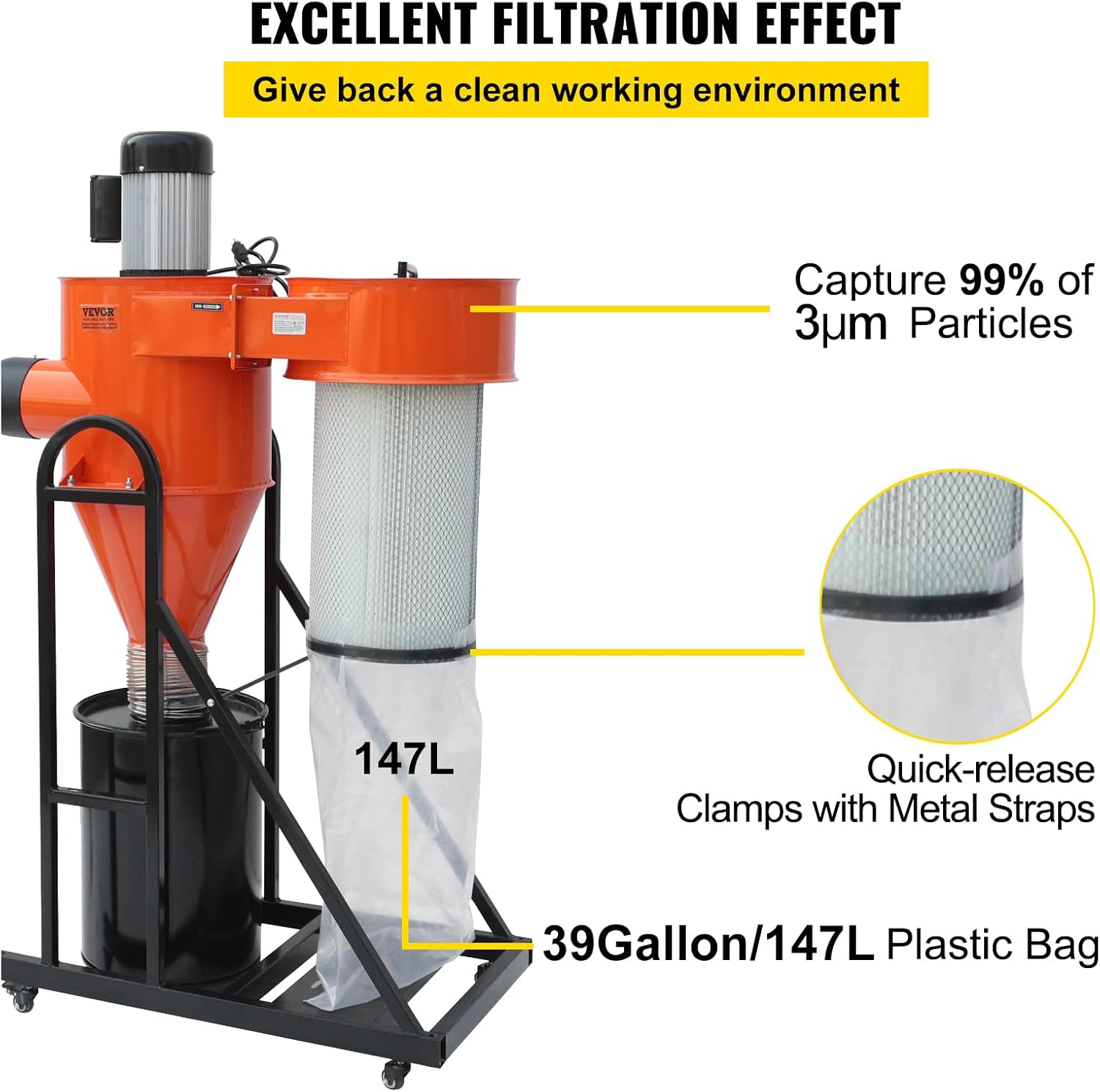 VEVOR 2 HP Dust Collector, 1167 CFM, Portable Vortex Dust Collector, with 39 Gallon Collection Bag and Mobile Base, 120V, 3400 RPM, 3μm Canister Filter Kit, for Woodworking Dust Collection System