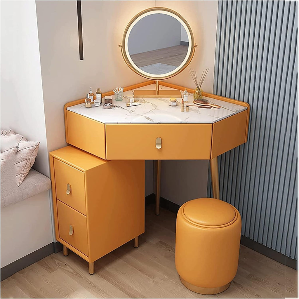 Vanity Desk Corner Design Makeup Vanity Set with Lighted Mirror Vanity Table Cabinet and Cushioned Stool Dressing Table,Gris,Orange