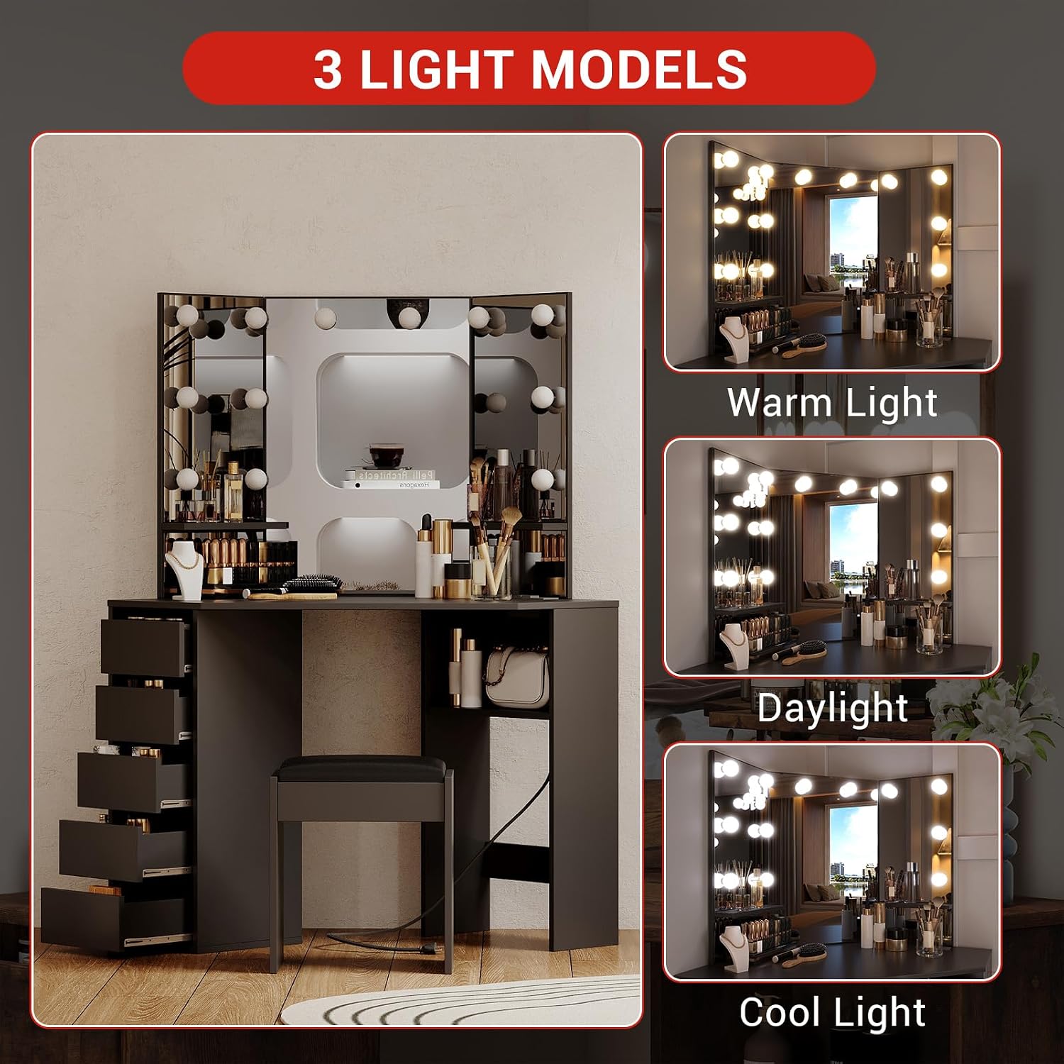 Corner Vanity Desk with Mirror and Led Lights - Makeup Table with 5 Drawers, Shelves, and Vanity Stool - Perfect for Bedroom or Bathroom, Black