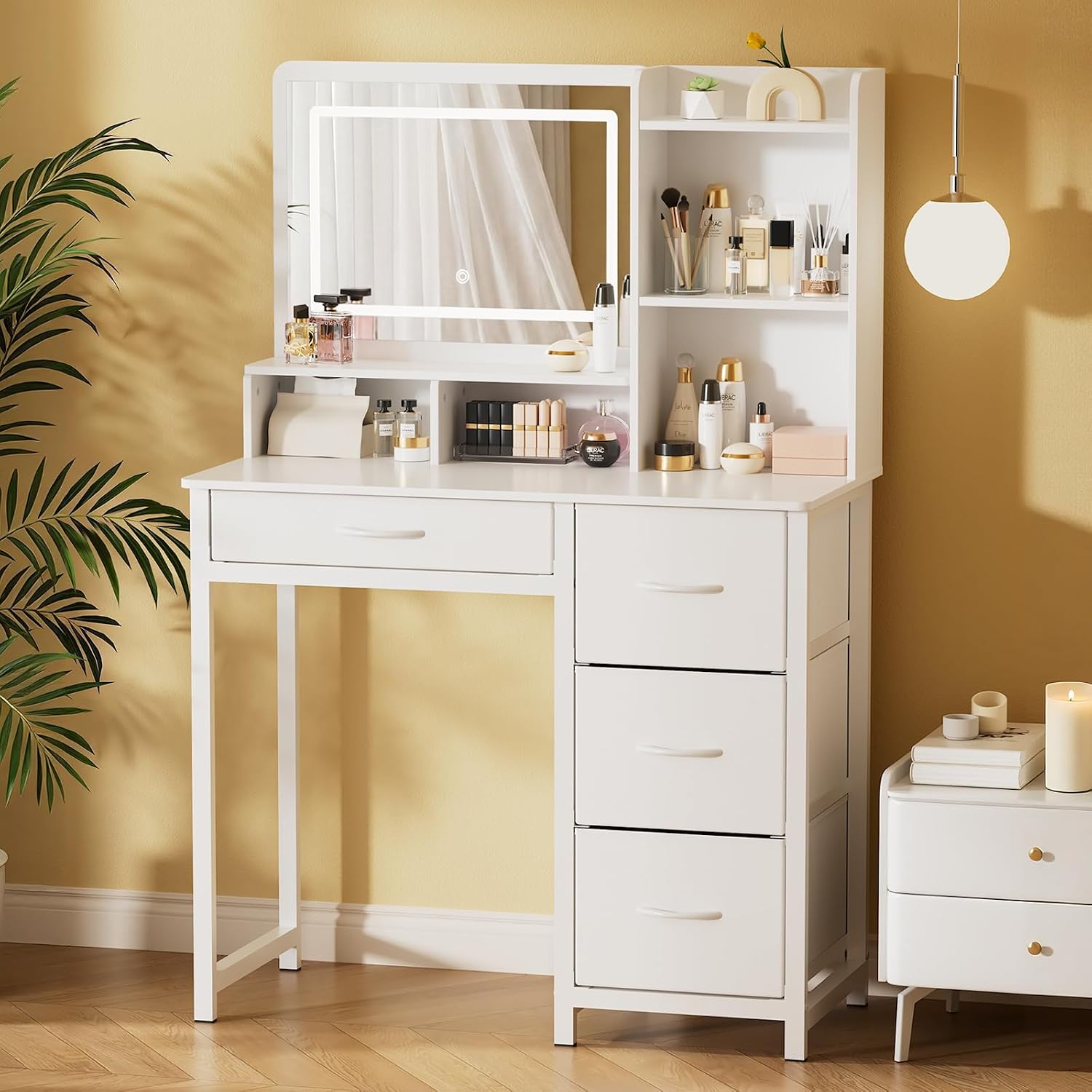 Kitsure Vanity Desk with Mirror and Lights - Large Capacity Makeup Vanity with 4 Fabric Storage Drawers & 3 Lighting Modes, Vanity Table Set with Sturdy Metal Frame for Bedroom, White, 35' x 17' x 52'
