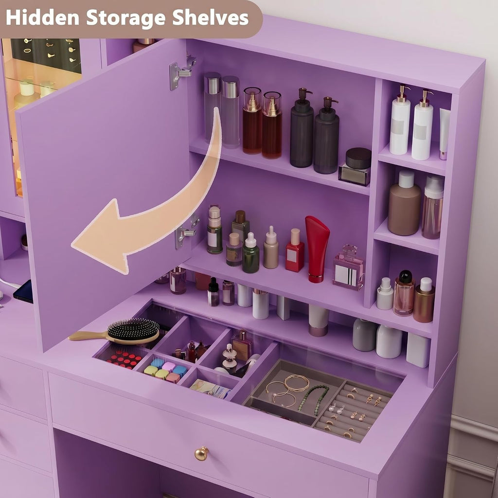 Makeup Vanity Desk with Mirror and Lights, Purple Vanity with Glass Top, Jewelry Storage, Power Outlets, 3 Drawers & 2 Cabinets, Adjustable LED Lighting, Dressing Table for Women & Girls Bedroom