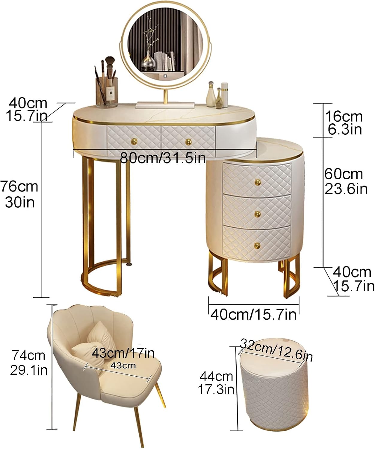 Corner Makeup Table Set Makeup, Women Dresser Table Vanity with 5-6 Drawers, Vanity Dressing Table with 360° Rotating Mirror, Makeup Vanity Benches Vanity Desk ，80cm White Petal Chair