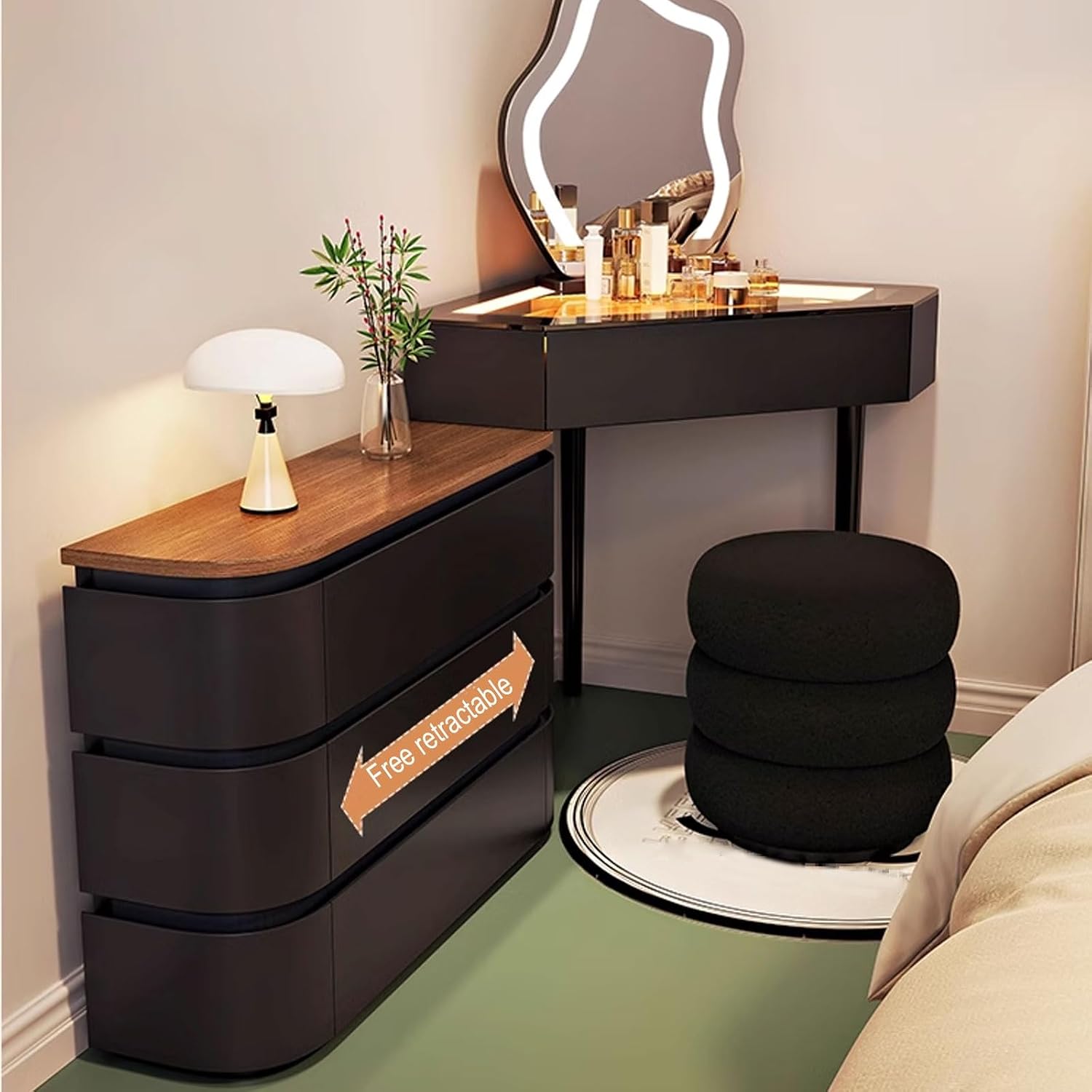 Makeup Vanity with Mirror and Lights Expandable and Adjustable Wood Vanity Lighting Adjustable in Three Levels 90° Corner Design Multi-Purpose Table(White,120 * 30 * 130CM)