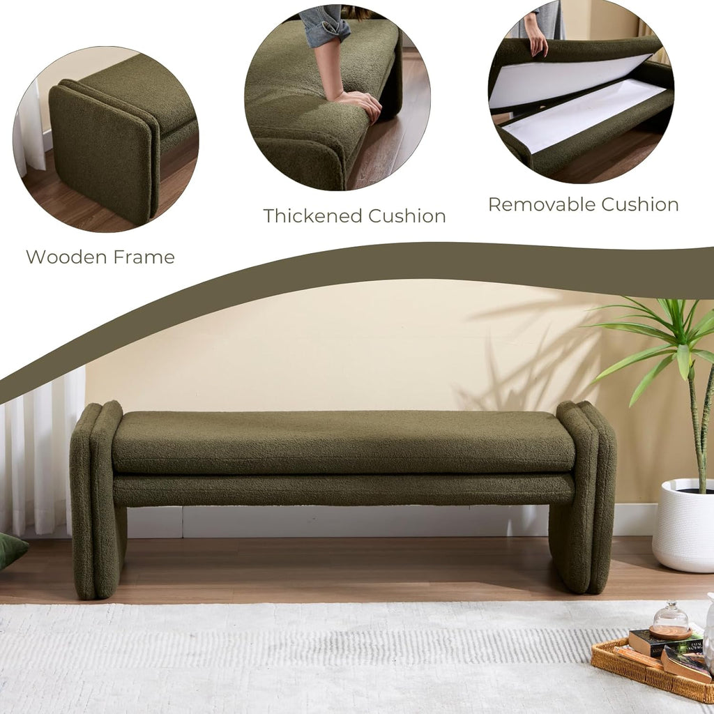 ROCITY Green Boucle Bench 50' Sherpa End of Bed Bench Modern Upholstered Bench for Bedroom Entryway Living Room Vanity Makeup Room, Teddy Fabric Bench with Seating