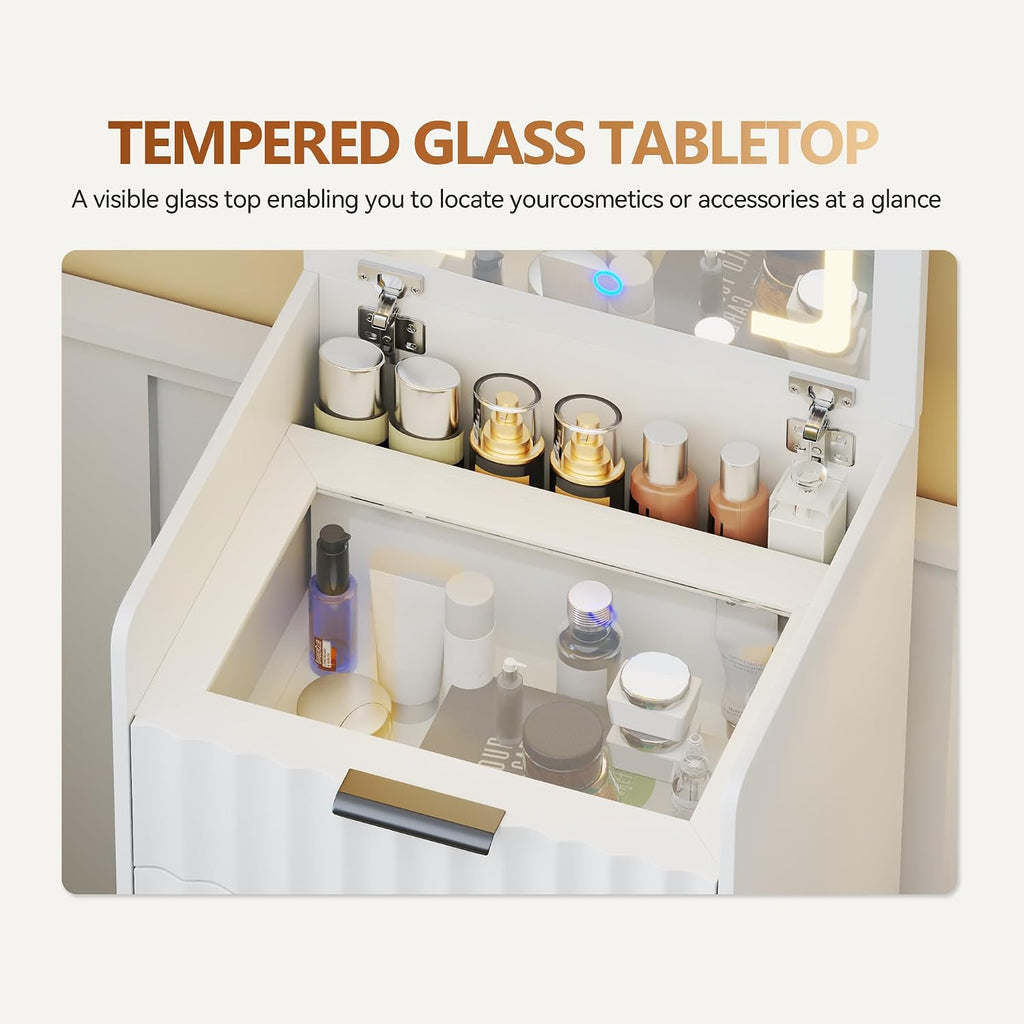 3-in-1 Small Vanity Desk with Flip Top Mirror and Lights,Fluted Compact Makeup Vanity with Storage Stool and Drawers,Mini Vanity Table Set for Bedroom Furniture,White