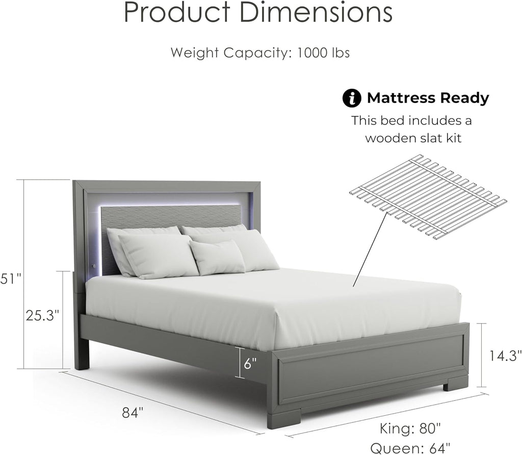 Furniture of America Verdant Modern Wood 3-Piece Bedroom Set with LED Lights in Headboard and Center Metal Glides, No Box Spring Required for Bedroom, Full, Metallic Gray