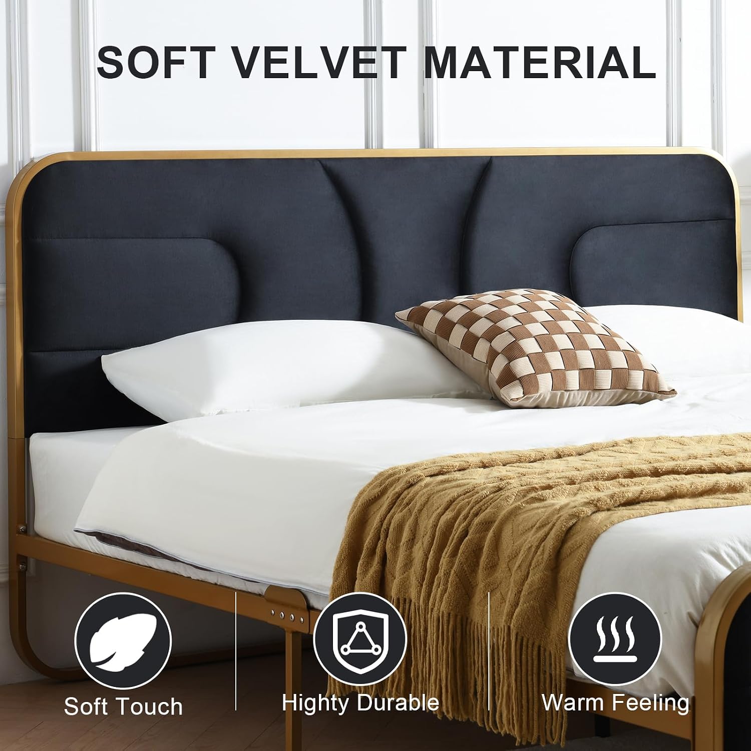 VELOCAVA Rounded Metal Upholstered Bed King with Unique Headboard, Soft Velvet Platform Bed Storage Supported by Metal Base and Wooden Slats, No Box Spring Needed,Gold & Black