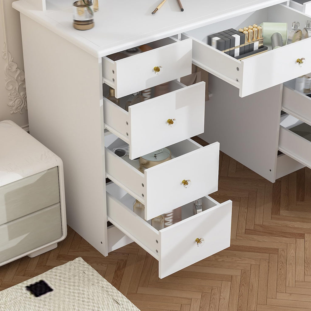Timechee Vanity Mirror with Lights, Corner Vanity Desk with 9 Storage Drawers, 4 Large Shelves, 3 Color Lighting Options, Vanity Mirror Desk, Makeup Vanity Set for Bedroom, White