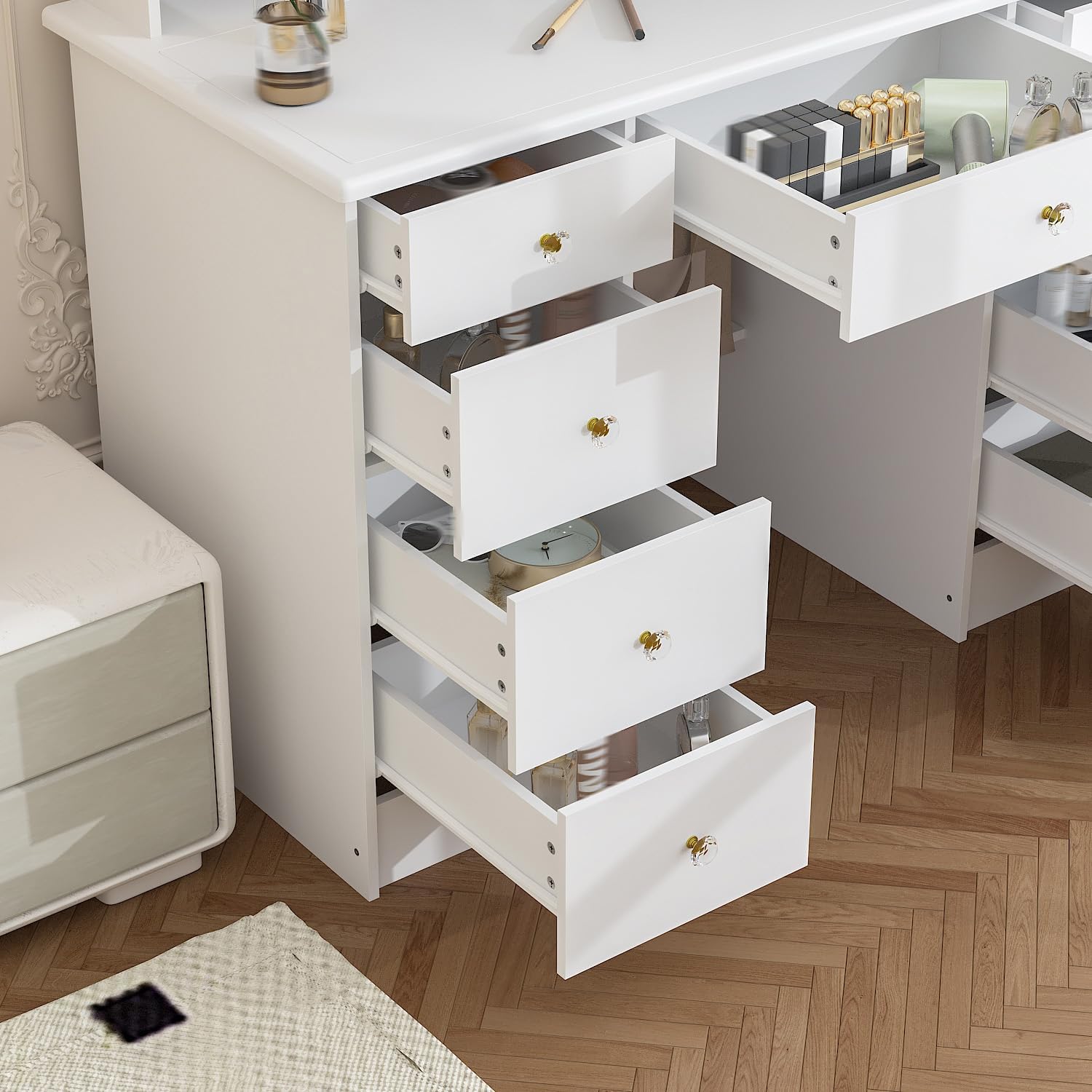 Timechee Vanity Mirror with Lights, Corner Vanity Desk with 9 Storage Drawers, 4 Large Shelves, 3 Color Lighting Options, Vanity Mirror Desk, Makeup Vanity Set for Bedroom, White
