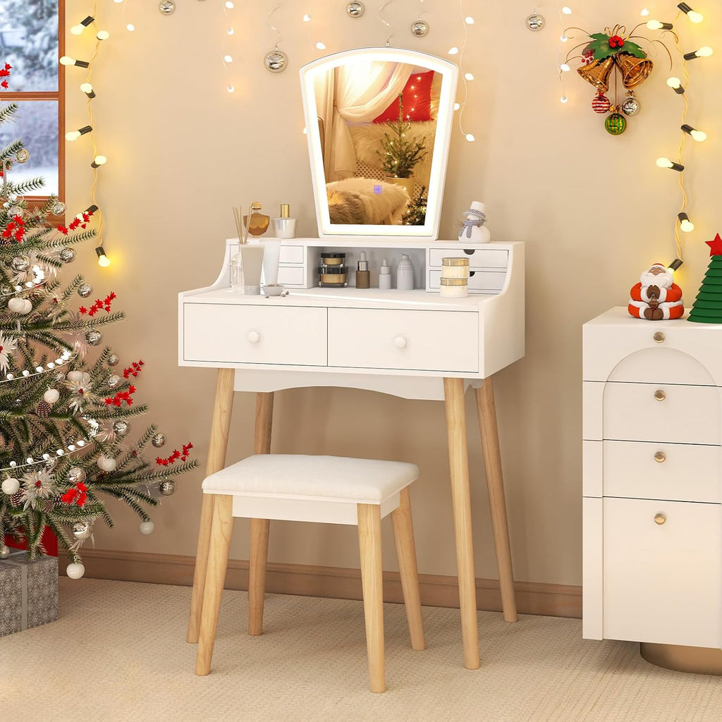 CHARMAID Small Vanity Desk with Mirror and Lights, White Makeup Vanity Desk with 6 Drawers, Adjustable 3 Color Lighting Modes, Compact Girls Bedroom Vanity Dressing Table with Stool for Small Space