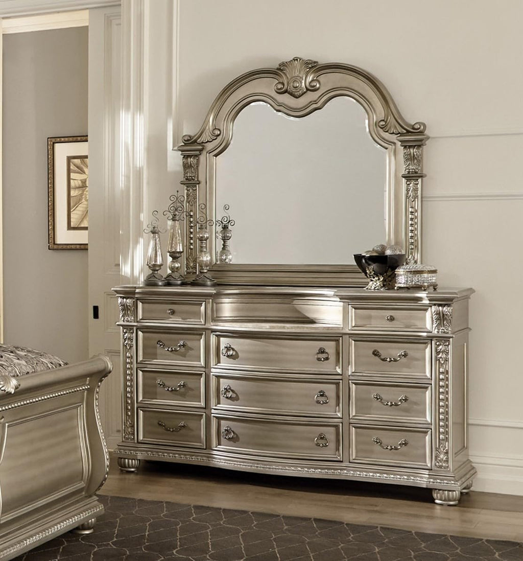 Traditional Classic 4 Pieces King Size Set Silver Finish Faux Leather Upholstered Bed Classic Design Marble Top Formal Bedroom Furniture