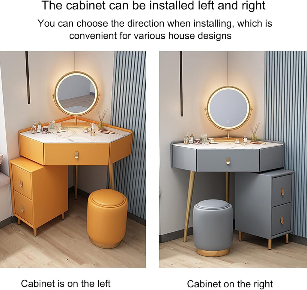 Corner Vanity Set with Lighted Mirror, Makeup Dressing Table with Drawers, Cabinet and Cushioned Stool, Girls Vanity Desk for Dressing Room, Bedroom,Orange