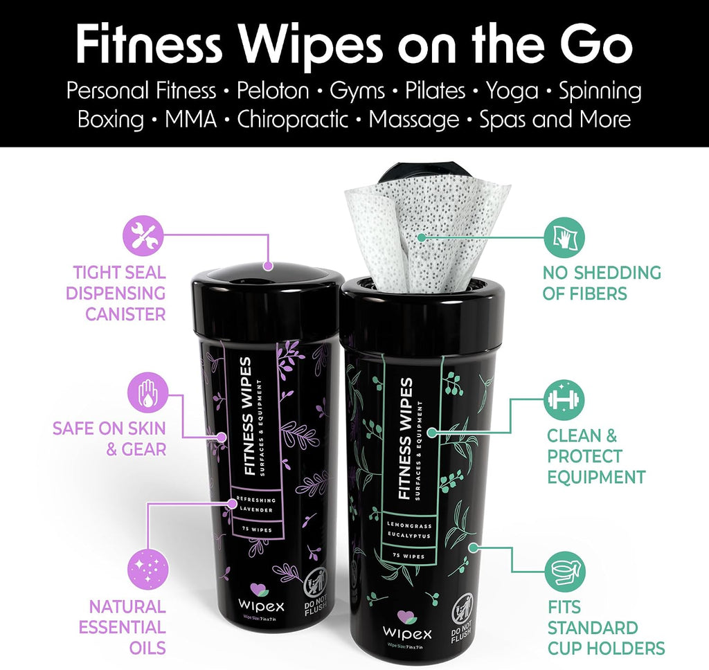 Wipex Yoga Mat Cleaner & Fitness Gym Wipes - Natural Lavender & Vinegar - 75 Count for Cleaning Yoga Mats, Spinning & Peloton Bikes, Weight Machines & Surfaces - 12 Pack Case