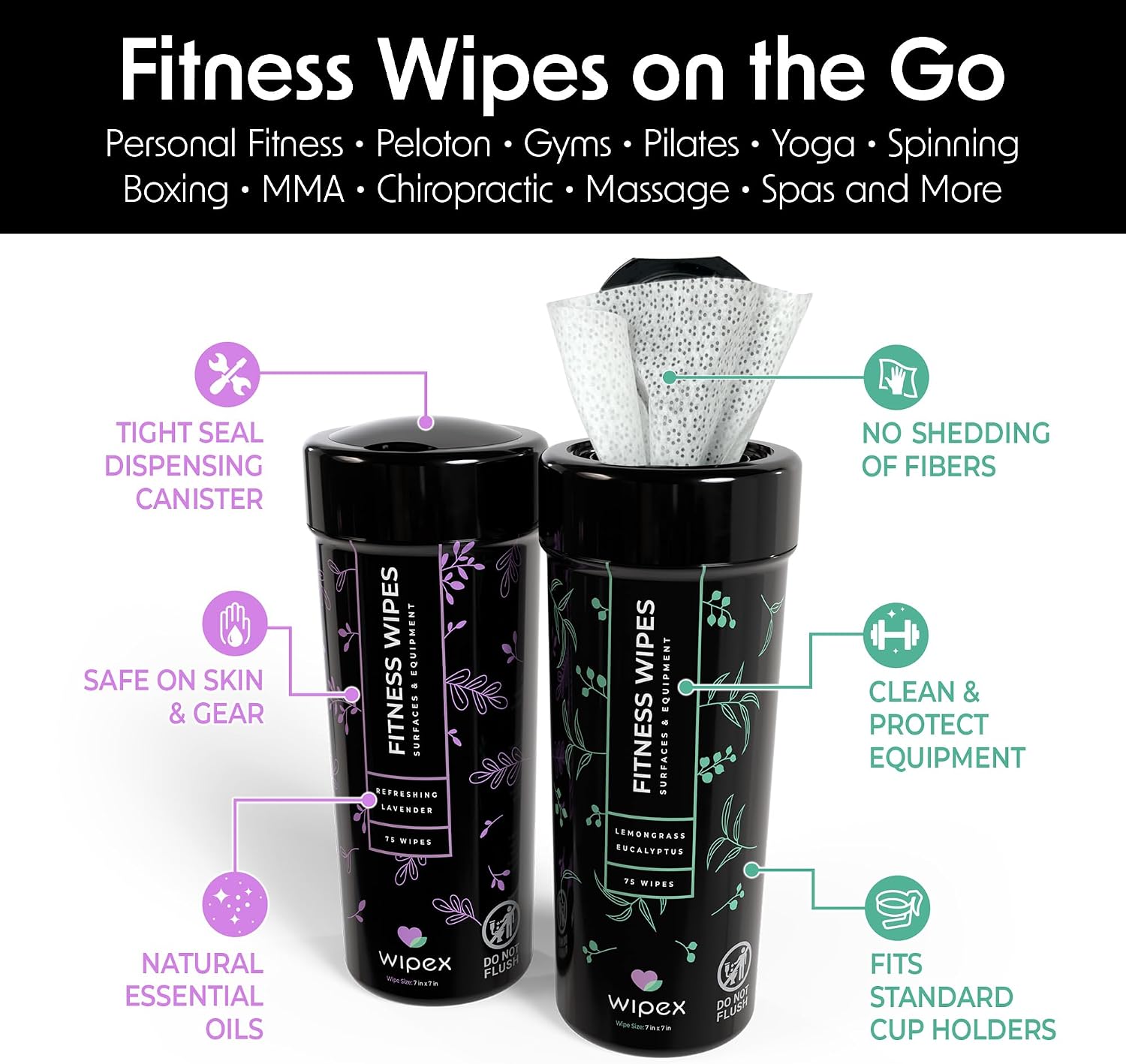Wipex Yoga Mat Cleaner & Fitness Gym Wipes - Natural Lavender & Vinegar - 75 Count for Cleaning Yoga Mats, Spinning & Peloton Bikes, Weight Machines & Surfaces - 12 Pack Case