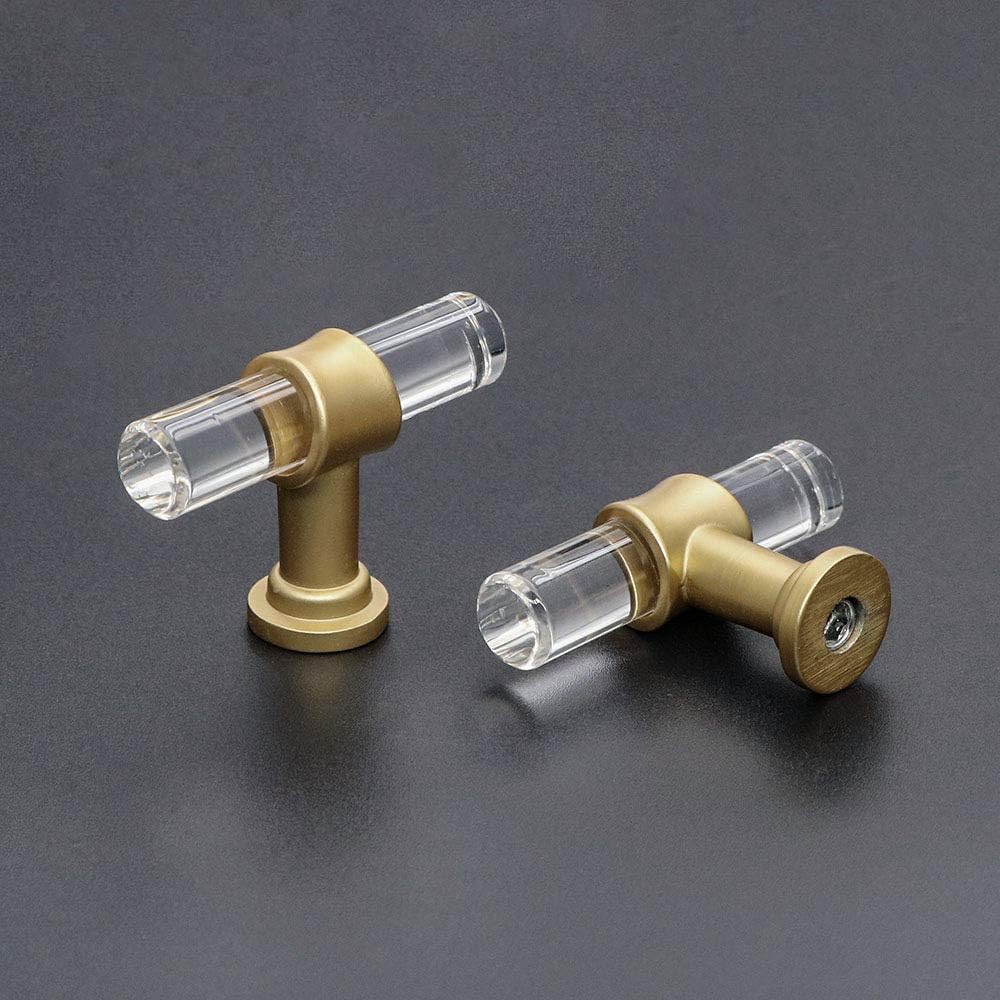 goldenwarm Pack of 100 Drawer Knobs Acrylic Clear T-bar Knobs - LS9165GD Single Hole Handles Brushed Gold Brass Acrylic Cabinet Pull Handles
