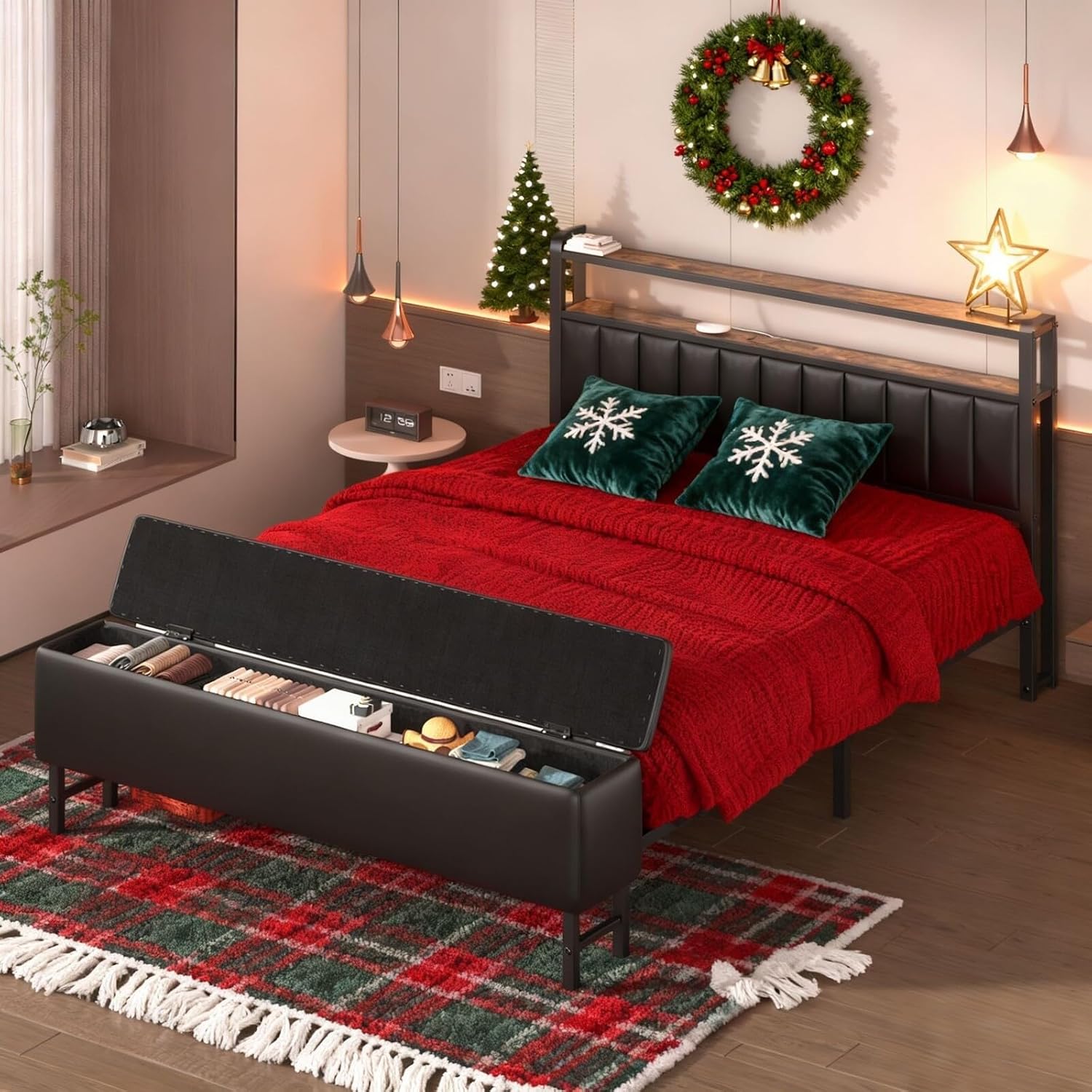 LOEWAY Queen Bed Frame with Headboard and Star Projector, Upholstered Metal Frame with Charging Station, Heavy Duty with Storage Ottoman, Noise-Free, No Box Spring Required, Black