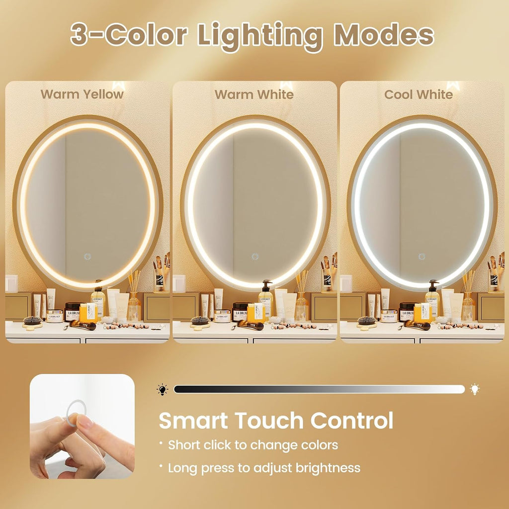 COSTWAY Vanity Desk Set with Mirror and Lights, Vanity Mirror with 3 Color Lighting Modes & Adjustable Brightness, Makeup Dressing Table with Cushioned Stool for Women Girls (White & Golden)