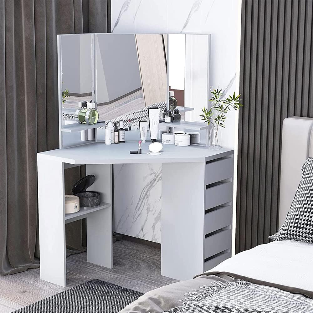 Corner Vanity Unit, Vanity Unit with Mirror Drawers, Modern Bedroom Corner Freestanding Floor-to-Ceiling Storage Unit with Shelves, Bench Not Included