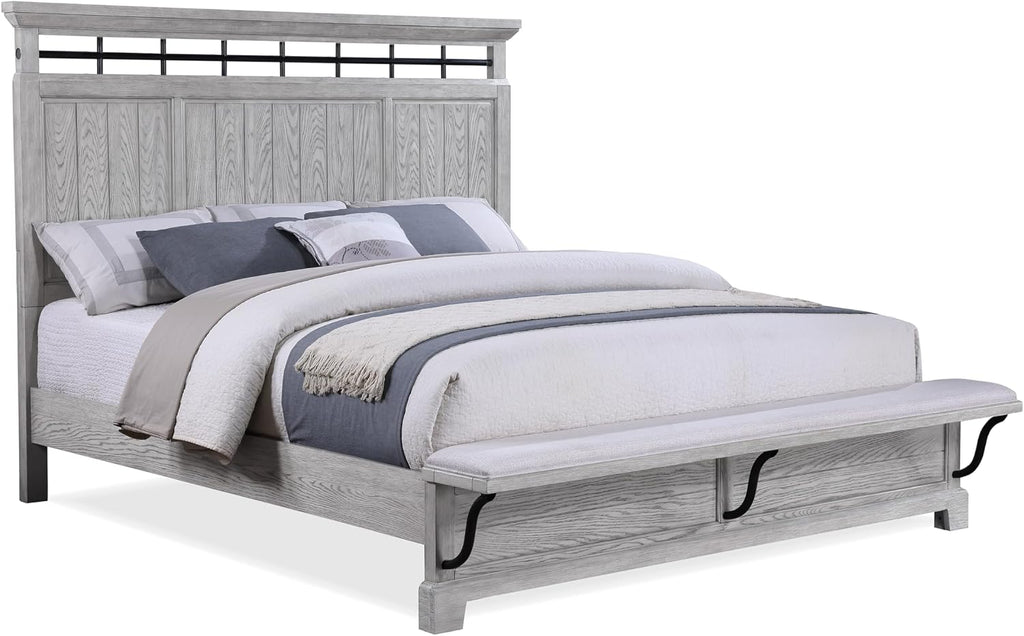 3pc Light Gray Finish King Size Panel Built-in Bench Bed Set Bedroom Solid Wood Furniture