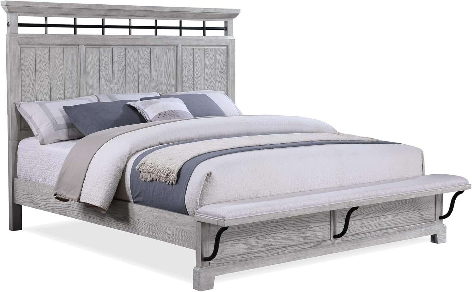 3pc Light Gray Finish King Size Panel Built-in Bench Bed Set Bedroom Solid Wood Furniture